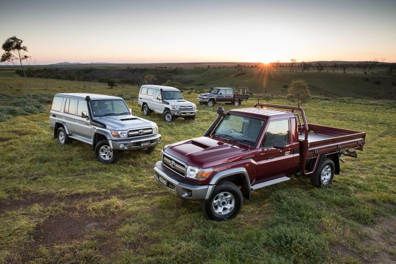 2016 Toyota LandCruiser 70 Series Range - Single Cab Chassis GXL (right), Wagon GXL (left), Troop Carrier GXL and Double Cab Chassis GXL (rear)